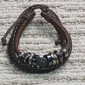 Mens Braided Leather Bracelet Metal Bead Rings Multilayer Adjustable Fashion